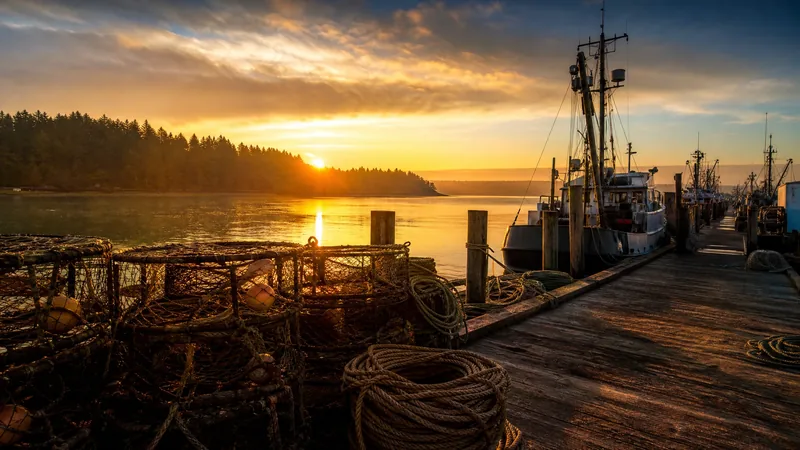 Working harbor with moored fishing boats and stacked crab pots at dawn, How to Start a Seafood or Shellfish Business in Washington