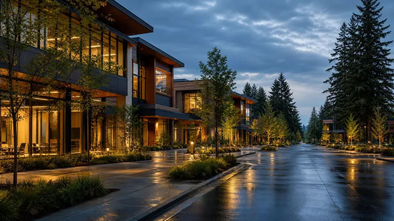 Suburban office-park street of glass mid-rise buildings with evergreen trees, Bellevue WA Business License