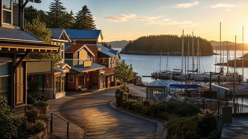 Island harbor village street of small shops above a marina with fir-covered islands, San Juan County Business Licenses and Vacation Rental Permits