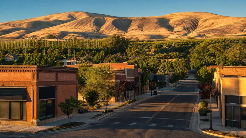 Irrigated valley town street with orchards, hop fields and a distant ridge, Yakima Business License