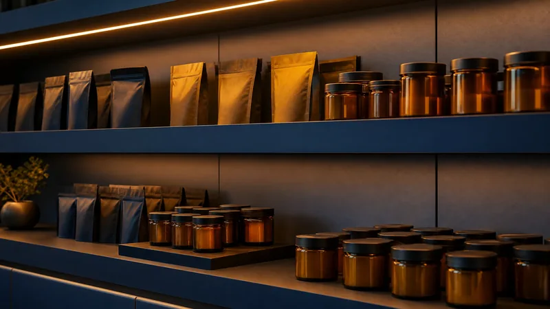 Minimal retail shelf of jars and pouches, Washington Hemp and CBD Legal Guide