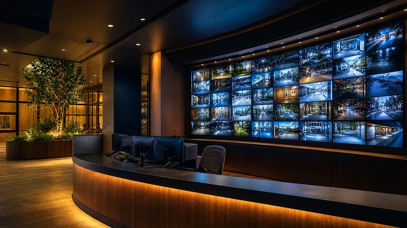 Security desk with a wall of camera monitors, How to Start a Security Guard Company in Washington